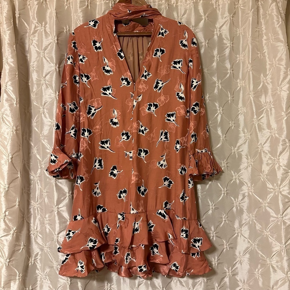 Rebecca Taylor Ikat Paintbrush Silk Ruffle Dress Pink Black Floral Cutout - Picture 8 of 16